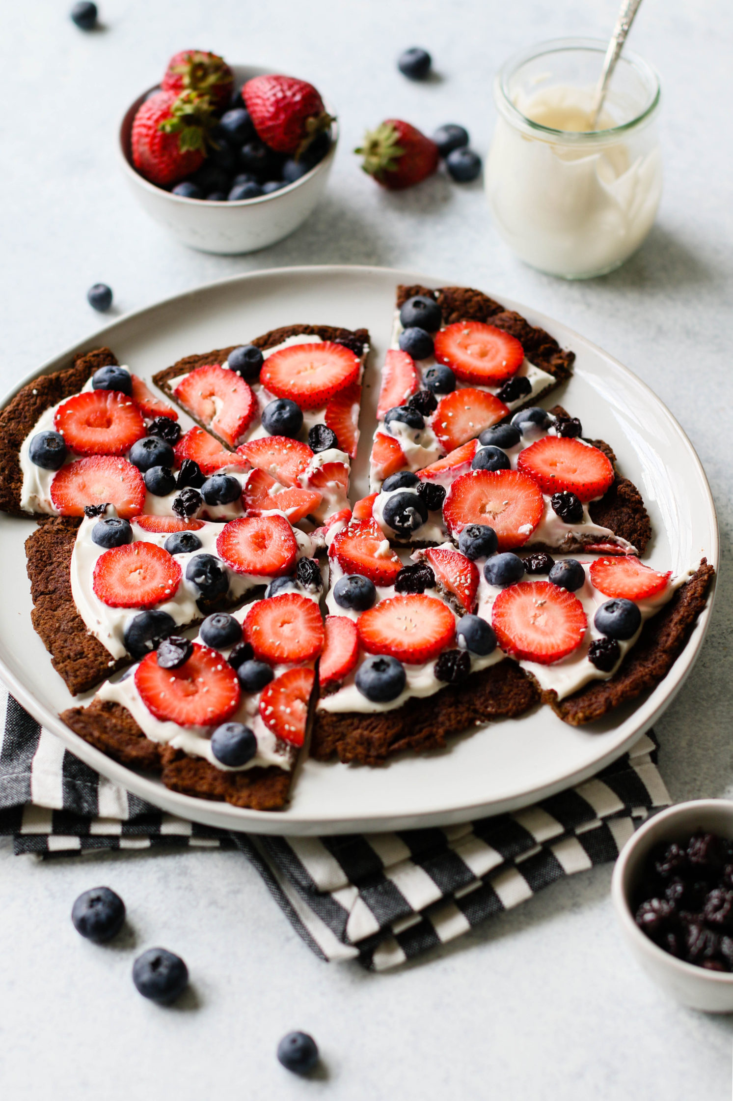 Chocolate Greek Yogurt Protein Pancake Pizza with Berries & Cherries